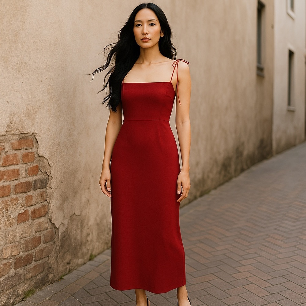 J.Crew Tie-Strap Textured Satin Midi Dress in Deep Red Size 14